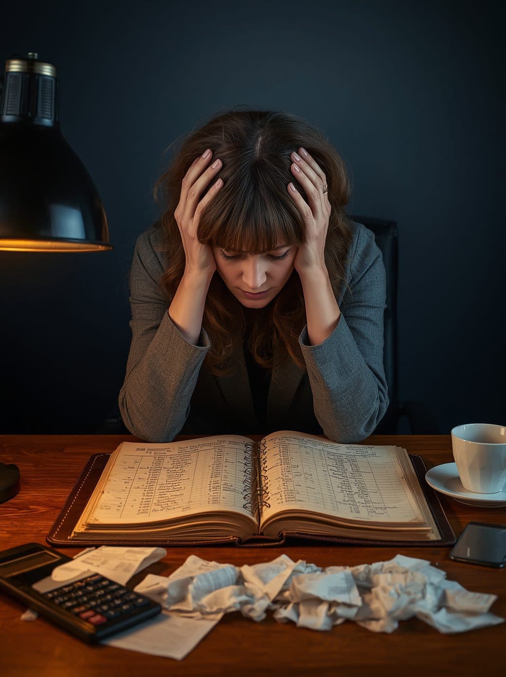 A woman with her head in her hands at a paper accounting ledger